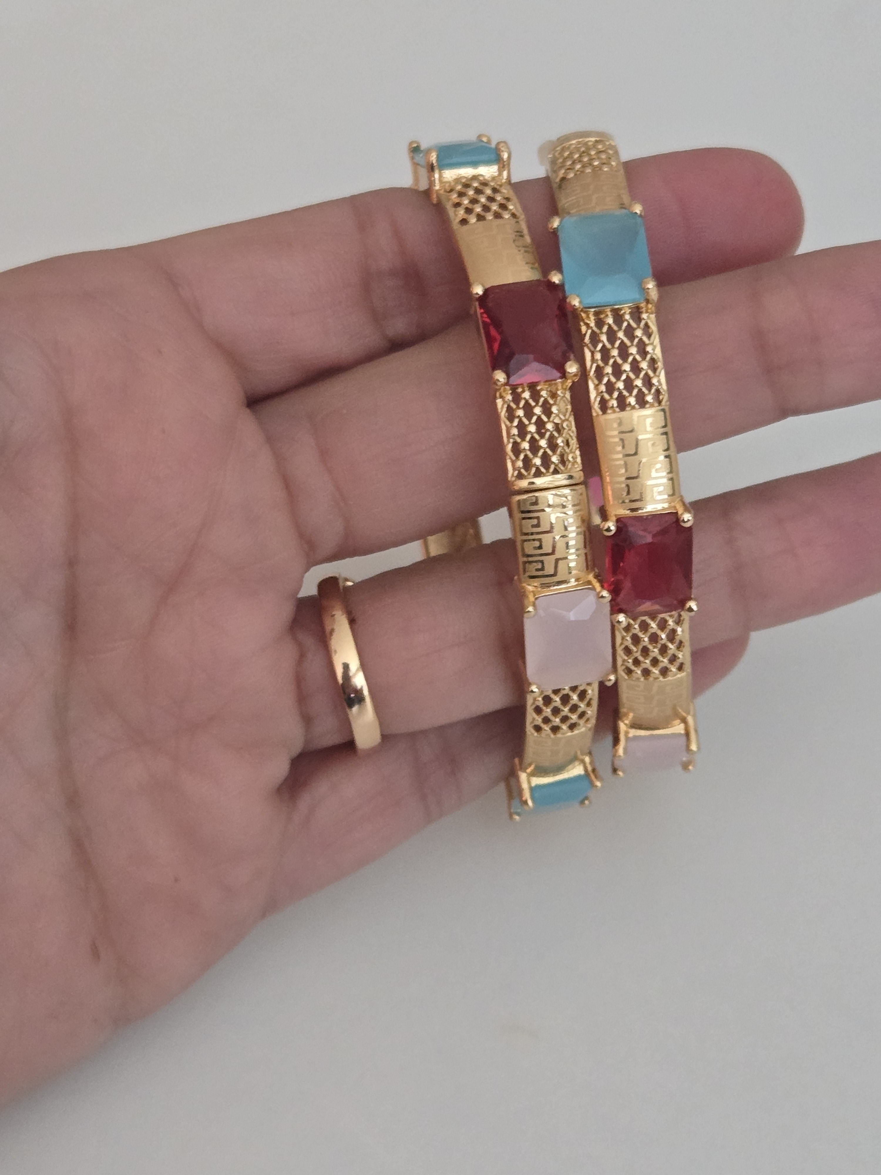 Gold-Plated Multicolor Gemstone Bracelet - Turquoise, Red, Pink Accents